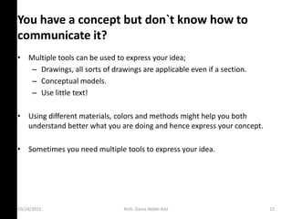 You have a concept but don`t know how to
communicate it?
• Multiple tools can be used to express your idea;
– Drawings, all sorts of drawings are applicable even if a section.
– Conceptual models.
– Use little text!
• Using different materials, colors and methods might help you both
understand better what you are doing and hence express your concept.
• Sometimes you need multiple tools to express your idea.
10/24/2015 Arch. Dania Abdel-Aziz 15
 