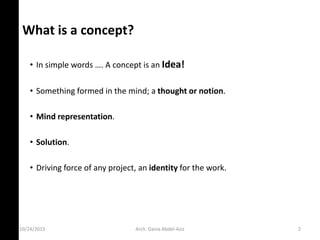 What is a concept?
• I si ple ords …. A o ept is a Idea!
• Something formed in the mind; a thought or notion.
• Mind representation.
• Solution.
• Driving force of any project, an identity for the work.
10/24/2015 Arch. Dania Abdel-Aziz 2
 