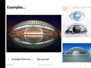 Examples…
• Sa tiago Calatra a ….. E e o ept
10/24/2015 Arch. Dania Abdel-Aziz 33
 