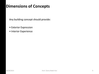10/24/2015
Dimensions of Concepts
Any building concept should provide:
• E terior E pressio
• I terior E perie e
Arch. Dania Abdel-Aziz 9
 