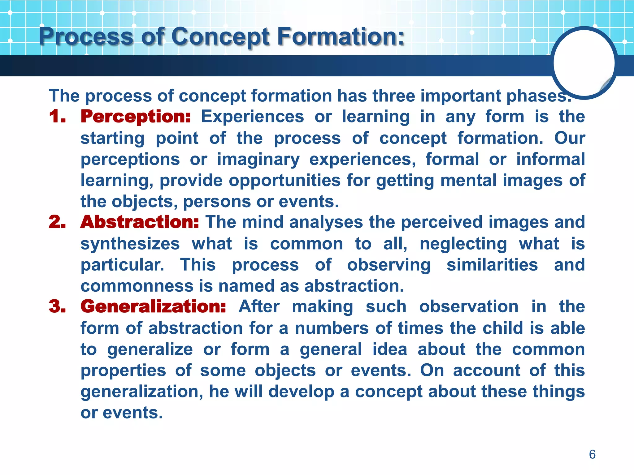 Process of Concept Formation:

The process of concept formation has three important phases.
1. Perception: Experiences or learning in any form is the
   starting point of the process of concept formation. Our
   perceptions or imaginary experiences, formal or informal
   learning, provide opportunities for getting mental images of
   the objects, persons or events.
2. Abstraction: The mind analyses the perceived images and
   synthesizes what is common to all, neglecting what is
   particular. This process of observing similarities and
   commonness is named as abstraction.
3. Generalization: After making such observation in the
   form of abstraction for a numbers of times the child is able
   to generalize or form a general idea about the common
   properties of some objects or events. On account of this
   generalization, he will develop a concept about these things
   or events.

                                                                  6
 