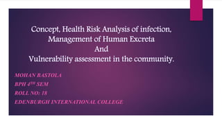 Concept, Health Risk Analysis of infection,
Management of Human Excreta
And
Vulnerability assessment in the community.
MOHAN BASTOLA
BPH 4TH SEM
ROLL NO: 18
EDENBURGH INTERNATIONAL COLLEGE
 