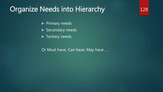 Organize Needs into Hierarchy
 Primary needs
 Secondary needs
 Tertiary needs
Or Must have, Can have, May have …
128
 