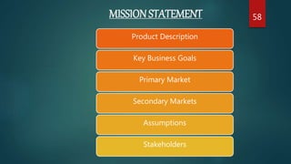 MISSIONSTATEMENT
Product Description
Key Business Goals
Primary Market
Secondary Markets
Assumptions
Stakeholders
58
 