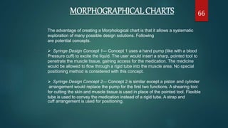 MORPHOGRAPHICAL CHARTS 66
The advantage of creating a Morphological chart is that it allows a systematic
exploration of many possible design solutions. Following
are potential concepts.
 Syringe Design Concept 1— Concept 1 uses a hand pump (like with a blood
Pressure cuff) to excite the liquid. The user would insert a sharp, pointed tool to
penetrate the muscle tissue, gaining access for the medication. The medicine
would be allowed to flow through a rigid tube into the muscle area. No special
positioning method is considered with this concept.
 Syringe Design Concept 2— Concept 2 is similar except a piston and cylinder
arrangement would replace the pump for the first two functions. A shearing tool
for cutting the skin and muscle tissue is used in place of the pointed tool. Flexible
tube is used to convey the medication instead of a rigid tube. A strap and
cuff arrangement is used for positioning.
 