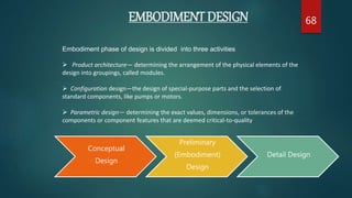 EMBODIMENT DESIGN 68
Embodiment phase of design is divided into three activities
 Product architecture— determining the arrangement of the physical elements of the
design into groupings, called modules.
 Configuration design—the design of special-purpose parts and the selection of
standard components, like pumps or motors.
 Parametric design— determining the exact values, dimensions, or tolerances of the
components or component features that are deemed critical-to-quality
Conceptual
Design
Preliminary
(Embodiment)
Design
Detail Design
 
