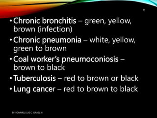 •Chronic bronchitis – green, yellow,
brown (infection)
•Chronic pneumonia – white, yellow,
green to brown
•Coal worker’s pneumoconiosis –
brown to black
•Tuberculosis – red to brown or black
•Lung cancer – red to brown to black
BY: ROMMEL LUIS C. ISRAEL III
89
 