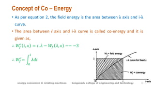 Concept of Co – Energy
• As per equation 2, the field energy is the area between λ axis and i-λ
curve.
• The area between i axis and i-λ curve is called co-energy and it is
given as,
∴ 𝑊𝑓
′
𝑖, 𝑥 = 𝑖. 𝜆 − 𝑊𝑓 𝜆, 𝑥 −− −3
∴ 𝑊𝑓
′
= 𝜆𝑑𝑖
𝑖
0
13energy conversion in rotating machines kongunadu college of engineering and technology
 