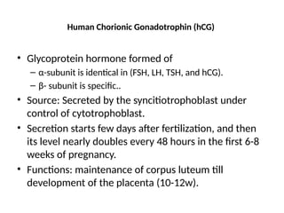 Human Chorionic Gonadotrophin (hCG)
• Glycoprotein hormone formed of
– α-subunit is identical in (FSH, LH, TSH, and hCG).
– β- subunit is specific..
• Source: Secreted by the syncitiotrophoblast under
control of cytotrophoblast.
• Secretion starts few days after fertilization, and then
its level nearly doubles every 48 hours in the first 6-8
weeks of pregnancy.
• Functions: maintenance of corpus luteum till
development of the placenta (10-12w).
 