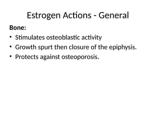 Estrogen Actions - General
Bone:
• Stimulates osteoblastic activity
• Growth spurt then closure of the epiphysis.
• Protects against osteoporosis.
 