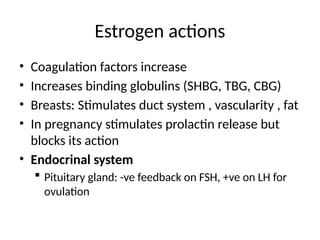 Estrogen actions
• Coagulation factors increase
• Increases binding globulins (SHBG, TBG, CBG)
• Breasts: Stimulates duct system , vascularity , fat
• In pregnancy stimulates prolactin release but
blocks its action
• Endocrinal system
 Pituitary gland: -ve feedback on FSH, +ve on LH for
ovulation
 