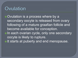 Ovulation is a process where by a
secondary oocyte is released from ovary
following of a mature graafian follicle and
become available for conception.
In each ovarian cycle, only one secondary
oocyte is likely to rupture.
It starts at puberty and end menopause.
 