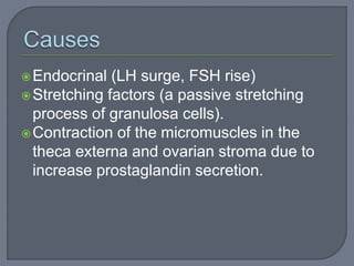 Endocrinal (LH surge, FSH rise)
Stretching factors (a passive stretching
process of granulosa cells).
Contraction of the micromuscles in the
theca externa and ovarian stroma due to
increase prostaglandin secretion.
 