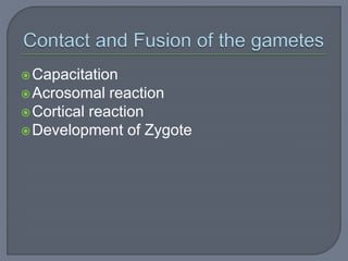 Capacitation
Acrosomal reaction
Cortical reaction
Development of Zygote
 