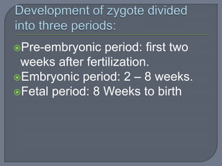Pre-embryonic period: first two
weeks after fertilization.
Embryonic period: 2 – 8 weeks.
Fetal period: 8 Weeks to birth
 