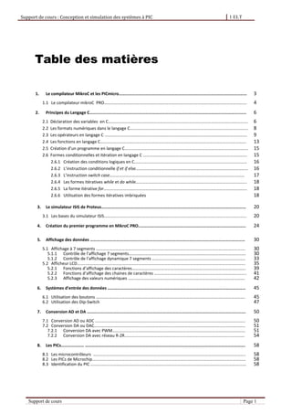 Support de cours : Conception et simulation des systèmes à PIC 1 ELT
Support de cours Page 1
Table des matières
1. Le compilateur MikroC et les PICmicro……………………………………………………………………………………………………… 3
1.1 Le compilateur mikroC PRO……………………………………………………………………………………………………………………. 4
2. Principes du Langage C………………………………………………………………………………………………………………………..…… 6
2.1 Déclaration des variables en C…………………………………………………………………………………………………………………. 6
2.2 Les formats numériques dans le langage C……………………………………………………………………………………………….. 8
2.3 Les opérateurs en langage C ……………………………………………………………………………………………………………………. 9
2.4 Les fonctions en langage C………………………………………………………………………………………………………………………. 13
2.5 Création d’un programme en langage C……………………………………………………………………………………………………. 15
2.6 Formes conditionnelles et itération en langage C ……………………………………………………………………………………. 15
2.6.1 Création des conditions logiques en C…………………………………………………………………………………………… 16
2.6.2 L’instruction conditionnelle if et if else…………………………………………………………………………………………… 16
2.6.3 L’instruction switch case……………………………………………………………………………………………………………… 17
2.6.4 Les formes itératives while et do while………………………………………………………………………………………….. 18
2.6.5 La forme itérative for…………………………………………………………………………………………………………………….. 18
2.6.6 Utilisation des formes itératives imbriquées 18
3. Le simulateur ISIS de Proteus…………………………………………………………………………………………………………………… 20
3.1 Les bases du simulateur ISIS……………………………………………………………………………………………………………………. 20
4. Création du premier programme en MikroC PRO..…………………………………………………………………………………… 24
5. Affichage des données ……………………………………...…………………………………………………………………………………… 30
5.1 Affichage à 7 segments …………………………………………………………………………………………………………………………. 30
5.1.1 Contrôle de l’affichage 7 segments………………………………………………………………………………………………. 30
5.1.2 Contrôle de l’affichage dynamique 7 segments …………………………………………………………………………… 33
5.2 Afficheur LCD…………………………………………………………………………………………………………………………………………. 35
5.2.1 Fonctions d’affichage des caractères……………………………………………………………………………………………. 39
5.2.2 Fonctions d’affichage des chaines de caractères ………………………………………………………………………….. 41
5.2.3 Affichage des valeurs numériques ………………………………………………………………………………………………. 42
6. Systèmes d’entrée des données ……………………………………………………………………………………………………………… 45
6.1 Utilisation des boutons …………………………………………………………………………………………………………………………. 45
6.2 Utilisation des Dip‐Switch 47
7. Conversion AD et DA ………………………………………………………………………………………………………………………………. 50
7.1 Conversion AD ou ADC ………………………………………………………………………………………………………………………….. 50
7.2 Conversion DA ou DAC…………………………………………………………………………………………………………………………… 51
7.2.1 Conversion DA avec PWM……………………………………………………………………………………………………………. 51
7.2.2 Conversion DA avec réseau R‐2R…………………………………………………………………………………………………. 54
8. Les PICs………………… ………………………………….……………………………………………………………………………………………. 58
8.1 Les microcontrôleurs …………………………..……………………………………………………………………………………………….. 58
8.2 Les PICs de Microchip…………………………..………………………………………………………………………………………………… 58
8.3 Identification du PIC ………………………………………………………………………………………………………………………………. 58
 