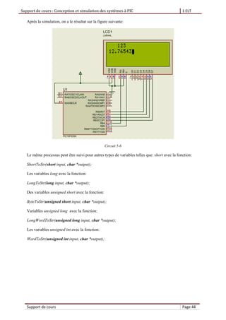 Support de cours : Conception et simulation des systèmes à PIC 1 ELT
Support de cours Page 44
Après la simulation, on a le résultat sur la figure suivante:
Circuit 5-6
Le même processus peut être suivi pour autres types de variables telles que: short avec la fonction:
ShortToStr(short input, char *output);
Les variables long avec la fonction:
LongToStr(long input, char *output);
Des variables unsigned short avec la fonction:
ByteToStr(unsigned short input, char *output);
Variables unsigned long avec la fonction:
LongWordToStr(unsigned long input, char *output);
Les variables unsigned int avec la fonction:
WordToStr(unsigned int input, char *output);
 