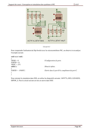 Support de cours : Conception et simulation des systèmes à PIC 1 ELT
Support de cours Page 48
Circuit 6-3
Pour comprendre l'utilisation du Dip-Switch avec les microcontrôleurs PIC, on observe et on analyse
l'exemple suivant:
void main( void )
{
TRISB = 0; //Configuration de ports.
PORTB = 0;
TRISC = 255;
while(1) //Boucle infinie.
{
PORTB = ~PORTC; //Sortir dans le port B le complément du port C.
}
}
Pour exécuter la simulation dans ISIS, on utilise les dispositifs suivants: 16F877A, RES, LED-RED,
DIPSW_8. Puis le circuit suivant est mis en œuvre dans ISIS:
 