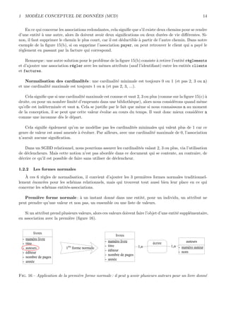 1 MOD`ELE CONCEPTUEL DE DONN´EES (MCD) 14
En ce qui concerne les associations redondantes, cela signiﬁe que s’il existe deux chemins pour se rendre
d’une entit´e `a une autre, alors ils doivent avoir deux signiﬁcations ou deux dur´ees de vie diﬀ´erentes. Si-
non, il faut supprimer le chemin le plus court, car il est d´eductible `a partir de l’autre chemin. Dans notre
exemple de la ﬁgure 15(b), si on supprime l’association payer, on peut retrouver le client qui a pay´e le
r`eglement en passant par la facture qui correspond.
Remarque : une autre solution pour le probl`eme de la ﬁgure 15(b) consiste `a retirer l’entit´e r`eglements
et d’ajouter une association r´egler avec les mˆemes attributs (sauf l’identiﬁant) entre les entit´es clients
et factures.
Normalisation des cardinalit´es : une cardinalit´e minimale est toujours 0 ou 1 (et pas 2, 3 ou n)
et une cardinalit´e maximale est toujours 1 ou n (et pas 2, 3, ...).
Cela signiﬁe que si une cardinalit´e maximale est connue et vaut 2, 3 ou plus (comme sur la ﬁgure 15(c) `a
droite, ou pour un nombre limit´e d’emprunts dans une biblioth`eque), alors nous consid´erons quand mˆeme
qu’elle est ind´etermin´ee et vaut n. Cela se justiﬁe par le fait que mˆeme si nous connaissons n au moment
de la conception, il se peut que cette valeur ´evolue au cours du temps. Il vaut donc mieux consid´erer n
comme une inconnue d`es le d´epart.
Cela signiﬁe ´egalement qu’on ne mod´elise pas les cardinalit´es minimales qui valent plus de 1 car ce
genre de valeur est aussi amen´ee `a ´evoluer. Par ailleurs, avec une cardinalit´e maximale de 0, l’association
n’aurait aucune signiﬁcation.
Dans un SGBD relationnel, nous pourrions assurer les cardinalit´es valant 2, 3 ou plus, via l’utilisation
de d´eclencheurs. Mais cette notion n’est pas abord´ee dans ce document qui se contente, au contraire, de
d´ecrire ce qu’il est possible de faire sans utiliser de d´eclencheur.
1.2.2 Les formes normales
`A ces 6 r`egles de normalisation, il convient d’ajouter les 3 premi`eres formes normales traditionnel-
lement ´enonc´ees pour les sch´emas relationnels, mais qui trouvent tout aussi bien leur place en ce qui
concerne les sch´emas entit´es-associations.
Premi`ere forme normale : `a un instant donn´e dans une entit´e, pour un individu, un attribut ne
peut prendre qu’une valeur et non pas, un ensemble ou une liste de valeurs.
Si un attribut prend plusieurs valeurs, alors ces valeurs doivent faire l’objet d’une entit´e suppl´ementaire,
en association avec la premi`ere (ﬁgure 16).
livres
- numéro livre
- titre
- auteurs
- éditeur
- nombre de pages
- année
1ère
forme normale
livres
- numéro livre
- titre
- éditeur
- nombre de pages
- année
auteurs
- numéro auteur
- nom
écrire
1,n1,n
Fig. 16 – Application de la premi`ere forme normale : il peut y avoir plusieurs auteurs pour un livre donn´e
 