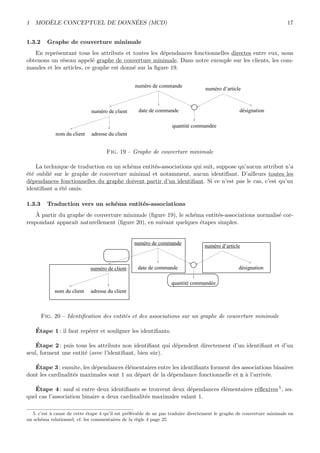 1 MOD`ELE CONCEPTUEL DE DONN´EES (MCD) 17
1.3.2 Graphe de couverture minimale
En repr´esentant tous les attributs et toutes les d´ependances fonctionnelles directes entre eux, nous
obtenons un r´eseau appel´e graphe de couverture minimale. Dans notre exemple sur les clients, les com-
mandes et les articles, ce graphe est donn´e sur la ﬁgure 19.
numéro de commande
date de commandenuméro de client
numéro d’article
quantité commandée
nom du client adresse du client
désignation
Fig. 19 – Graphe de couverture minimale
La technique de traduction en un sch´ema entit´es-associations qui suit, suppose qu’aucun attribut n’a
´et´e oubli´e sur le graphe de couverture minimal et notamment, aucun identiﬁant. D’ailleurs toutes les
d´ependances fonctionnelles du graphe doivent partir d’un identiﬁant. Si ce n’est pas le cas, c’est qu’un
identiﬁant a ´et´e omis.
1.3.3 Traduction vers un sch´ema entit´es-associations
`A partir du graphe de couverture minimale (ﬁgure 19), le sch´ema entit´es-associations normalis´e cor-
respondant apparaˆıt naturellement (ﬁgure 20), en suivant quelques ´etapes simples.
numéro de commande
date de commandenuméro de client
numéro d’article
quantité commandée
nom du client adresse du client
désignation
Fig. 20 – Identiﬁcation des entit´es et des associations sur un graphe de couverture minimale
´Etape 1 : il faut rep´erer et souligner les identiﬁants.
´Etape 2 : puis tous les attributs non identiﬁant qui d´ependent directement d’un identiﬁant et d’un
seul, forment une entit´e (avec l’identiﬁant, bien sˆur).
´Etape 3 : ensuite, les d´ependances ´el´ementaires entre les identiﬁants forment des associations binaires
dont les cardinalit´es maximales sont 1 au d´epart de la d´ependance fonctionnelle et n `a l’arriv´ee.
´Etape 4 : sauf si entre deux identiﬁants se trouvent deux d´ependances ´el´ementaires r´eﬂexives5, au-
quel cas l’association binaire a deux cardinalit´es maximales valant 1.
5. c’est `a cause de cette ´etape 4 qu’il est pr´ef´erable de ne pas traduire directement le graphe de couverture minimale en
un sch´ema relationnel, cf. les commentaires de la r`egle 4 page 25
 