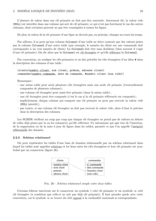 2 MOD`ELE LOGIQUE DE DONN´EES (MLD) 23
L’absence de valeur dans une cl´e primaire ne doit pas ˆetre autoris´ee. Autrement dit, la valeur vide
(NULL) est interdite dans une colonne qui sert de cl´e primaire, ce qui n’est pas forc´ement le cas des autres
colonnes, dont certaines peuvent ne pas ˆetre renseign´ees `a toutes les lignes.
De plus, la valeur de la cl´e primaire d’une ligne ne devrait pas, en principe, changer au cours du temps.
Par ailleurs, il se peut qu’une colonne Colonne1 d’une table ne doive contenir que des valeurs prises
par la colonne Colonne2 d’une autre table (par exemple, le num´ero du client sur une commande doit
correspondre `a un vrai num´ero de client). La Colonne2 doit ˆetre sans doublons (bien souvent il s’agit
d’une cl´e primaire). On dit alors que la Colonne1 est cl´e ´etrang`ere et qu’elle r´ef´erence la Colonne2.
Par convention, on souligne les cl´es primaires et on fait pr´ec´eder les cl´es ´etrang`eres d’un di`ese # dans
la description des colonnes d’une table :
clients(num´ero client, nom client, pr´enom, adresse client)
commandes(num´ero commande, date de commande, #num´ero client (non vide))
Remarques :
– une mˆeme table peut avoir plusieurs cl´es ´etrang`eres mais une seule cl´e primaire (´eventuellement
compos´ees de plusieurs colonnes) ;
– une colonne cl´e ´etrang`ere peut aussi ˆetre primaire (dans la mˆeme table) ;
– une cl´e ´etrang`ere peut ˆetre compos´ee (c’est le cas si la cl´e primaire r´ef´erenc´ee est compos´ee) ;
– implicitement, chaque colonne qui compose une cl´e primaire ne peut pas recevoir la valeur vide
(NULL interdit) ;
– par contre, si une colonne cl´e ´etrang`ere ne doit pas recevoir la valeur vide, alors il faut le pr´eciser
dans la description des colonnes.
Les SGBDR v´eriﬁent au coup par coup que chaque cl´e ´etrang`ere ne prend pas de valeurs en dehors
de celles d´ej`a prises par la ou les colonne(s) qu’elle r´ef´erence. Ce m´ecanisme qui agit lors de l’insertion,
de la suppression ou de la mise `a jour de lignes dans les tables, garantit ce que l’on appelle l’int´egrit´e
r´ef´erentielle des donn´ees.
2.2.3 Sch´ema relationnel
On peut repr´esenter les tables d’une base de donn´ees relationnelle par un sch´ema relationnel dans
lequel les tables sont appel´ees relations et les liens entre les cl´es ´etrang`eres et leur cl´e primaire est sym-
bolis´e par un connecteur (ﬁgure 26).
clients
- numéro client
- nom client
- prénom
- adresse client
commandes
- n° commande
- date commande
- #numéro client
(non vide)
Fig. 26 – Sch´ema relationnel simple entre deux tables
Certains ´editeur inscrivent sur le connecteur un symbole 1 cˆot´e cl´e primaire et un symbole ∞ cˆot´e
cl´e ´etrang`ere (`a condition que celle-ci ne soit pas d´ej`a cl´e primaire). Il faut prendre garde avec cette
convention, car le symbole ∞ se trouve du cˆot´e oppos´e `a la cardinalit´e maximale n correspondante.
 