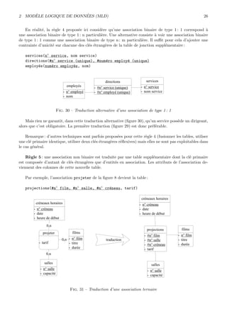 2 MOD`ELE LOGIQUE DE DONN´EES (MLD) 26
En r´ealit´e, la r`egle 4 propos´ee ici consid`ere qu’une association binaire de type 1 : 1 correspond `a
une association binaire de type 1 : n particuli`ere. Une alternative consiste `a voir une association binaire
de type 1 : 1 comme une association binaire de type n : m particuli`ere. Il suﬃt pour cela d’ajouter une
contrainte d’unicit´e sur chacune des cl´es ´etrang`eres de la table de jonction suppl´ementaire :
services(n◦ service, nom service)
directions(#n◦ service (unique), #num´ero employ´e (unique)
employ´es(num´ero employ´es, nom)
services
- n° service
- nom service
employés
- n° employé
- nom
directions
- #n° service (unique)
- #n° employé (unique)
Fig. 30 – Traduction alternative d’une association de type 1 : 1
Mais rien ne garantit, dans cette traduction alternative (ﬁgure 30), qu’un service poss`ede un dirigeant,
alors que c’est obligatoire. La premi`ere traduction (ﬁgure 29) est donc pr´ef´erable.
Remarque : d’autres techniques sont parfois propos´ees pour cette r`egle 4 (fusionner les tables, utiliser
une cl´e primaire identique, utiliser deux cl´es ´etrang`eres r´eﬂexives) mais elles ne sont pas exploitables dans
le cas g´en´eral.
R`egle 5 : une association non binaire est traduite par une table suppl´ementaire dont la cl´e primaire
est compos´ee d’autant de cl´es ´etrang`eres que d’entit´es en association. Les attributs de l’association de-
viennent des colonnes de cette nouvelle table.
Par exemple, l’association projeter de la ﬁgure 8 devient la table :
projections(#n◦ film, #n◦ salle, #n◦ cr´eneau, tarif)
projeter
- tarif
0,n
salles
- n° salle
- capacité
films
- n° film
- titre
- durée
créneaux horaires
- n° créneau
- date
- heure de début
0,n
0,n
salles
- n° salle
- capacité
films
- n° film
- titre
- durée
créneaux horaires
- n° créneau
- date
- heure de début
traduction
projections
- #n° film
- #n° salle
- #n° créneau
- tarif
Fig. 31 – Traduction d’une association ternaire
 