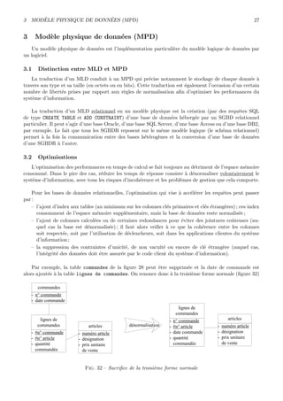 3 MOD`ELE PHYSIQUE DE DONN´EES (MPD) 27
3 Mod`ele physique de donn´ees (MPD)
Un mod`ele physique de donn´ees est l’impl´ementation particuli`ere du mod`ele logique de donn´ees par
un logiciel.
3.1 Distinction entre MLD et MPD
La traduction d’un MLD conduit `a un MPD qui pr´ecise notamment le stockage de chaque donn´ee `a
travers son type et sa taille (en octets ou en bits). Cette traduction est ´egalement l’occasion d’un certain
nombre de libert´es prises par rapport aux r`egles de normalisation aﬁn d’optimiser les performances du
syst`eme d’information.
La traduction d’un MLD relationnel en un mod`ele physique est la cr´eation (par des requˆetes SQL
de type CREATE TABLE et ADD CONSTRAINT) d’une base de donn´ees h´eberg´ee par un SGBD relationnel
particulier. Il peut s’agir d’une base Oracle, d’une base SQL Server, d’une base Access ou d’une base DB2,
par exemple. Le fait que tous les SGBDR reposent sur le mˆeme mod`ele logique (le sch´ema relationnel)
permet `a la fois la communication entre des bases h´et´erog`enes et la conversion d’une base de donn´ees
d’une SGBDR `a l’autre.
3.2 Optimisations
L’optimisation des performances en temps de calcul se fait toujours au d´etriment de l’espace m´emoire
consomm´e. Dans le pire des cas, r´eduire les temps de r´eponse consiste `a d´enormaliser volontairement le
syst`eme d’information, avec tous les risques d’incoh´erence et les probl`emes de gestion que cela comporte.
Pour les bases de donn´ees relationnelles, l’optimisation qui vise `a acc´el´erer les requˆetes peut passer
par :
– l’ajout d’index aux tables (au minimum sur les colonnes cl´es primaires et cl´es ´etrang`eres) ; ces index
consomment de l’espace m´emoire suppl´ementaire, mais la base de donn´ees reste normalis´ee ;
– l’ajout de colonnes calcul´ees ou de certaines redondances pour ´eviter des jointures coˆuteuses (au-
quel cas la base est d´enormalis´ee) ; il faut alors veiller `a ce que la coh´erence entre les colonnes
soit respect´ee, soit par l’utilisation de d´eclencheurs, soit dans les applications clientes du syst`eme
d’information ;
– la suppression des contraintes d’unicit´e, de non vacuit´e ou encore de cl´e ´etrang`ere (auquel cas,
l’int´egrit´e des donn´ees doit ˆetre assur´ee par le code client du syst`eme d’information).
Par exemple, la table commandes de la ﬁgure 28 peut ˆetre supprim´ee et la date de commande est
alors ajout´ee `a la table lignes de commandes. On renonce donc `a la troisi`eme forme normale (ﬁgure 32)
articles
- numéro article
- désignation
- prix unitaire
de vente
commandes
- n° commande
- date commande
lignes de
commandes
- #n° commande
- #n° article
- quantité
commandée
dénormalisation
articles
- numéro article
- désignation
- prix unitaire
de vente
lignes de
commandes
- n° commande
- #n° article
- date commande
- quantité
commandée
Fig. 32 – Sacriﬁce de la troisi`eme forme normale
 