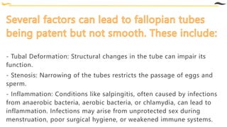 - Tubal Deformation: Structural changes in the tube can impair its
function.
- Stenosis: Narrowing of the tubes restricts the passage of eggs and
sperm.
- Inflammation: Conditions like salpingitis, often caused by infections
from anaerobic bacteria, aerobic bacteria, or chlamydia, can lead to
inflammation. Infections may arise from unprotected sex during
menstruation, poor surgical hygiene, or weakened immune systems.
 
