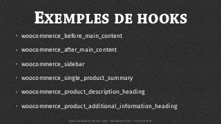 EXEMPLES DE HOOKS
• woocommerce_before_main_content
• woocommerce_after_main_content
• woocommerce_sidebar
• woocommerce_single_product_summary
• woocommerce_product_description_heading
• woocommerce_product_additional_information_heading
AURÉLIEN DENIS & MICKAËL GRIS - WORDCAMP PARIS - 6 FÉVRIER 2016
 