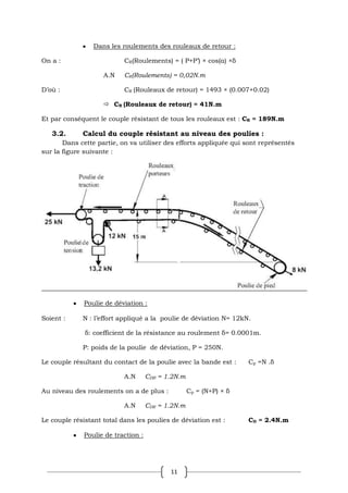 11
Dans les roulements des rouleaux de retour :
On a : CR(Roulements) = ( P+P’) × cos(α) ×δ
A.N CR(Roulements) = 0,02N.m
D’où : CR (Rouleaux de retour) = 1493 × (0.007+0.02)
 CR (Rouleaux de retour) = 41N.m
Et par conséquent le couple résistant de tous les rouleaux est : CR = 189N.m
3.2. Calcul du couple résistant au niveau des poulies :
Dans cette partie, on va utiliser des efforts appliquée qui sont représentés
sur la figure suivante :
Poulie de déviation :
Soient : N : l’effort appliqué a la poulie de déviation N= 12kN.
δ: coefficient de la résistance au roulement δ= 0.0001m.
P: poids de la poulie de déviation, P = 250N.
Le couple résultant du contact de la poulie avec la bande est : Cp =N .δ
A.N CDB = 1.2N.m
Au niveau des roulements on a de plus : Cp = (N+P) × δ
A.N CDR = 1.2N.m
Le couple résistant total dans les poulies de déviation est : CD = 2.4N.m
Poulie de traction :
 
