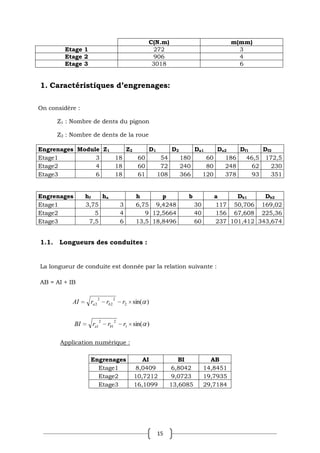 15
C(N.m) m(mm)
Etage 1 272 3
Etage 2 906 4
Etage 3 3018 6
1. Caractéristiques d’engrenages:
On considère :
Z1 : Nombre de dents du pignon
Z2 : Nombre de dents de la roue
Engrenages Module Z1 Z2 D1 D2 Da1 Da2 Df1 Df2
Etage1 3 18 60 54 180 60 186 46,5 172,5
Etage2 4 18 60 72 240 80 248 62 230
Etage3 6 18 61 108 366 120 378 93 351
Engrenages hf ha h p b a Db1 Db2
Etage1 3,75 3 6,75 9,4248 30 117 50,706 169,02
Etage2 5 4 9 12,5664 40 156 67,608 225,36
Etage3 7,5 6 13,5 18,8496 60 237 101,412 343,674
1.1. Longueurs des conduites :
La longueur de conduite est donnée par la relation suivante :
AB = AI + IB
)
sin(
2
2
2
2
2 r
r
r
AI b
a
)
sin(
1
2
1
2
1 r
r
r
BI b
a
Application numérique :
Engrenages AI BI AB
Etage1 8,0409 6,8042 14,8451
Etage2 10,7212 9,0723 19,7935
Etage3 16,1099 13,6085 29,7184
 