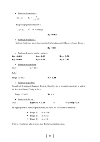 17
Facteur dynamique :
On a : KV =
vt
A
A
Engrenage précis classe 6 :
A = 12 et vt = 50 m/s
KV = 0.62
Facteur de service :
Moteur électrique avec chocs modérées fonctionnant 8 heures/jours donne :
Ka = 0.8
Facteur de durée par la rupture :
KL1 = 0.65 KL3 = 0.69 KL5 = 0.79
KL2 = 0.69 KL4 = 0.79 KL6 = 0.82
Facteur de conduite :
On : Yε = 1/ ε
A.N :
Etage 1,2 et 3: Yε = 0.55
Facteur de portée :
On calcule le rapport (Largeur de dent/diamètre de la roue) et on extrait la valeur
de Km en utilisant l’abaque donc :
Etage 1,2 et 3 : Km = 1
Facteur de forme :
On a : YF (Z=18) = 2.38 et YF (Z=60) = 2.5
En appliquant la formule précédente, on aura les résultats ci-dessous :
 Etage 1 : m ≥ 2.16
 Etage 2 : m ≥ 3.31
 Etage 3 : m ≥ 4.6
D’où la résistance à la rupture des dentures du réducteur.
 