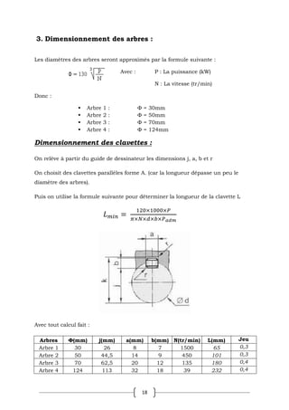 18
3. Dimensionnement des arbres :
Les diamètres des arbres seront approximés par la formule suivante :
Avec : P : La puissance (kW)
N : La vitesse (tr/min)
Donc :
 Arbre 1 : Ф = 30mm
 Arbre 2 : Ф = 50mm
 Arbre 3 : Ф = 70mm
 Arbre 4 : Ф = 124mm
Dimensionnement des clavettes :
On relève à partir du guide de dessinateur les dimensions j, a, b et r
On choisit des clavettes parallèles forme A. (car la longueur dépasse un peu le
diamètre des arbres).
Puis on utilise la formule suivante pour déterminer la longueur de la clavette L
Avec tout calcul fait :
Arbres Ф(mm) j(mm) a(mm) b(mm) N(tr/min) L(mm) Jeu
Arbre 1 30 26 8 7 1500 65 0,3
Arbre 2 50 44,5 14 9 450 101 0,3
Arbre 3 70 62,5 20 12 135 180 0,4
Arbre 4 124 113 32 18 39 232 0,4
 