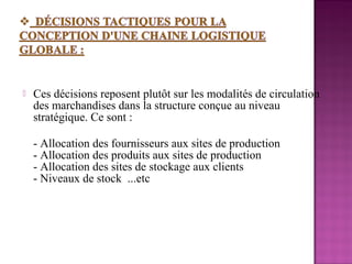    Ces décisions reposent plutôt sur les modalités de circulation
    des marchandises dans la structure conçue au niveau
    stratégique. Ce sont :

    - Allocation des fournisseurs aux sites de production
    - Allocation des produits aux sites de production
    - Allocation des sites de stockage aux clients
    - Niveaux de stock ...etc
 