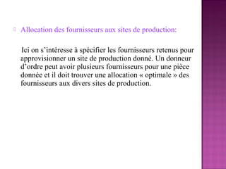    Allocation des fournisseurs aux sites de production:

    Ici on s’intéresse à spécifier les fournisseurs retenus pour
    approvisionner un site de production donné. Un donneur
    d’ordre peut avoir plusieurs fournisseurs pour une pièce
    donnée et il doit trouver une allocation « optimale » des
    fournisseurs aux divers sites de production.
 