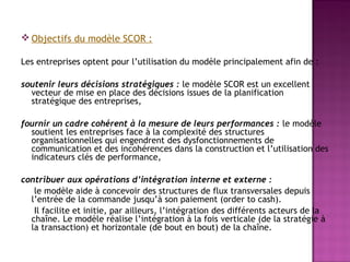  Objectifs du modèle SCOR :

Les entreprises optent pour l’utilisation du modèle principalement afin de :
 
soutenir leur...