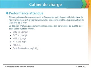 Cahier de charge
Performance attendue
    Afin de préserver l’environnement, le Gouvernement Libanais et le Ministère de
    l’Environnement ont préparé plusieurs lois et décrets relatifs { la préservation de
    la qualité de la mer.
    La décision n°8/1 en 2001 détermine les normes des paramètres de qualité des
    eaux usées rejetées en mer.
       DBO5 ≤ 25 mg/l

       DCO ≤ 125 mg/l

       MES ≤ 25 mg/l

       NTK ≤ 30 mg/l

       PH =6-9

       Désinfection 8-10 mg/L Cl2




Conception d’une station d’epuration                                          CNAM-2012
 