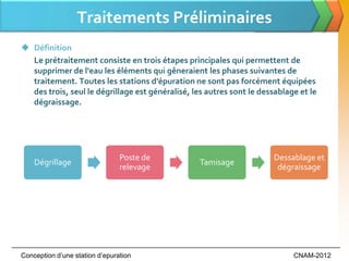 Traitements Préliminaires
 Définition
  Le prétraitement consiste en trois étapes principales qui permettent de
  supprimer de l'eau les éléments qui gêneraient les phases suivantes de
  traitement. Toutes les stations d'épuration ne sont pas forcément équipées
  des trois, seul le dégrillage est généralisé, les autres sont le dessablage et le
  dégraissage.




                                Poste de                               Dessablage et
    Dégrillage                                    Tamisage
                                relevage                                dégraissage




Conception d’une station d’epuration                                        CNAM-2012
 