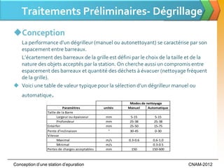 Traitements Préliminaires- Dégrillage
Conception
  La performance d’un dégrilleur (manuel ou autonettoyant) se caractérise par son
  espacement entre barreaux.
  L’écartement des barreaux de la grille est défini par le choix de la taille et de la
  nature des objets acceptés par la station. On cherche aussi un compromis entre
  espacement des barreaux et quantité des déchets à évacuer (nettoyage fréquent
  de la grille).
 Voici une table de valeur typique pour la sélection d’un dégrilleur manuel ou
    automatique.
                                                           Modes de nettoyage
                            Paramètres           unités   Manuel     Automatique
                 Taille de la Barre
                        Largeur ou épaisseur      mm       5-15         5-15
                        Profondeur                mm       25-38        25-38
                 Enterfer                         mm       25-50        15-75
                 Pente d'inclinaison               °       30-45        0-30
                 Vitesse
                        Maximal                   m/s     0.3-0.6      0.6-1.0
                        Minimal                   m/s                  0.3-0.5
                 Pertes de charges acceptables    mm       150         150-600



Conception d’une station d’epuration                                               CNAM-2012
 