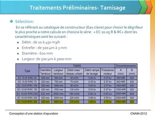Traitements Préliminaires- Tamisage

 Sélection:
     En se référant au catalogue de constructeur (Eau claire) pour choisir le dégrilleur
    le plus proche a notre calcule on choisira le série « EC 10.05 R & RC» dont les
    caractéristiques sont les suivant :
       Débit : de 10 à 450 m3/h

       Entrefer : de 500 µm à 3 mm

       Diamètre : 620 mm

       Largeur: de 500 µm à 3000 mm




Conception d’une station d’epuration                                           CNAM-2012
 