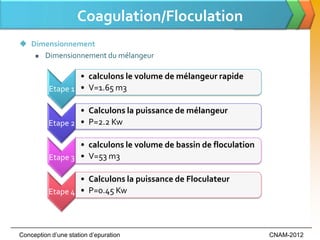 Coagulation/Floculation
 Dimensionnement
    Dimensionnement du mélangeur



                  • calculons le volume de mélangeur rapide
          Etape 1 • V=1.65 m3

                  • Calculons la puissance de mélangeur
          Etape 2 • P=2.2 Kw

                  • calculons le volume de bassin de floculation
          Etape 3 • V=53 m3

                  • Calculons la puissance de Floculateur
          Etape 4 • P=0.45 Kw




Conception d’une station d’epuration                               CNAM-2012
 