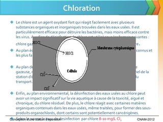 Chloration
 Le chlore est un agent oxydant fort qui réagit facilement avec plusieurs
  substances organiques et inorganiques trouvées dans les eaux usées. Il est
  particulièrement efficace pour détruire les bactéries, mais moins efficace contre
  les virus. Aux fins de désinfection, le chlore est utilisé sous les formes suivantes :
   chlore gazeux, hypochlorite de sodium (eau de javel) et bioxyde de chlore.
 Au plan économique, il s'agit d'une technologie dont les coûts sont bien connus et
  les plus faibles parmi toutes les techniques éprouvées.

 Au plan de la sécurité, la manipulation du chlore, notamment sous forme
  gazeuse, nécessite d'importantes mesures de protection pour le personnel de la
  station d'épuration et constitue un risque pour la sécurité publique lors du
  transport.

 Enfin, au plan environnemental, la désinfection des eaux usées au chlore peut
   avoir un impact significatif sur la vie aquatique à cause de la toxicité, aiguë et
   chronique, du chlore résiduel. De plus, le chlore réagit avec certaines matières
   organiques contenues dans les eaux usées, même traitées, pour former des sous-
   produits organochlorés, dont certains sont potentiellement cancérigènes.
 Selon la norme le d’epuration
Conception d’une station taux de desinfection par chlore 8-10 mg/L Cl2           CNAM-2012
 