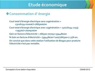 Etude économique
Consommation d’ énergie
    Cout total d'énergie électrique sans cogénération =
           13x16154=2100$/J=766500$/an
    Cout total d'énergie électrique avec cogénération = 13x(16154-1253)
           =1937$/J=707052$/an
    Gain en facture d'électricité = 766500-707052=59448$/an
    % Gain en facture d'électricité = (59448$/an*100)/766500=7.75% an.
    On conclut que dans cette station l'utilisation de Biogaz pour produire
    l'électricité n'est pas rentable.




Conception d’une station d’epuration                                      CNAM-2012
 