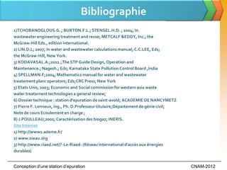 Bibliographie
1)TCHOBANOGLOUS.G. ; BURTON.F.L.; STENSEL.H.D. ; 2004; In
wastewater engineering treatment and reuse; METCALF &EDDY, Inc.; the
McGraw-Hill Eds., edition international.
2) LIN.D.L; 2007; In water and wastewater calculations manual; C.C.LEE, Eds;
the McGraw-Hill, New York.
3) KODAVASAL.A.;2011.;The STP Guide Design, Operation and
Maintenance.; Nagesh.; Eds; Karnataka State Pollution Control Board ,India
4) SPELLMAN.F;2004; Mathematics manual for water and wastewater
treatement planr operators; Eds;CRC Press; New York
5) Etats Unis; 2003; Economic and Social commission for western asia waste
water treatement technologies a general review;
6) Dossier technique : station d'epuration de saint-avold; ACADEMIE DE NANCYMETZ
7) Pierre F. Lemieux, ing., Ph. D.Professeur titulaire;Département de génie civil;
Note de cours Ecoulement en charge ;
8) J.POULLEAU;2002; Caractérisation des biogaz; INERIS.
Site Internet
1) http://www2.ademe.fr/
2) www.oieau.org
3) http://www.riaed.net/?-Le-Riaed- (Réseau international d’accès aux énergies
durables)


Conception d’une station d’epuration                                                 CNAM-2012
 