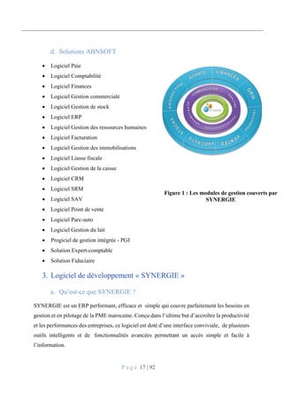 P a g e 17 | 92
Solutions ABNSOFT
 Logiciel Paie
 Logiciel Comptabilité
 Logiciel Finances
 Logiciel Gestion commerciale
 Logiciel Gestion de stock
 Logiciel ERP
 Logiciel Gestion des ressources humaines
 Logiciel Facturation
 Logiciel Gestion des immobilisations
 Logiciel Liasse fiscale
 Logiciel Gestion de la caisse
 Logiciel CRM
 Logiciel SRM
 Logiciel SAV
 Logiciel Point de vente
 Logiciel Parc-auto
 Logiciel Gestion du lait
 Progiciel de gestion intégrée - PGI
 Solution Expert-comptable
 Solution Fiduciaire
3. Logiciel de développement « SYNERGIE »
Qu’est-ce que SYNERGIE ?
SYNERGIE est un ERP performant, efficace et simple qui couvre parfaitement les besoins en
gestion et en pilotage de la PME marocaine. Conçu dans l’ultime but d’accroître la productivité
et les performances des entreprises, ce logiciel est doté d’une interface conviviale, de plusieurs
outils intelligents et de fonctionnalités avancées permettant un accès simple et facile à
l’information.
Figure 1 : Les modules de gestion couverts par
SYNERGIE
 