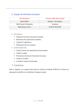 P a g e 39 | 92
6. Equipe de réalisation du projet
Nom & prénom Fonction / Rôle dans le projet
Hamid Kably Stagiaire / développeur
Med Chaouki Abounaima Encadrant
Badr Bennani Naciri SCRUM MASTER
 Développeur :
 Elaboration du dossier de gestion de projet.
 Réalisation de la spécification détaillée.
 Codage de l’application.
 Effectuation des tests unitaires.
 SCRUM MASTER :
 Valide le dossier des spécifications fonctionnelles.
 Valide le codage.
 Présentation des besoins fonctionnels du projet.
 Valide les livrables.
 Contrôle le respect des demandes.
7. Conclusion
Dans ce chapitre, on a organisé notre projet on utilisant la méthode SCRUM et en faisant un
planning bien détaillé avec la définition d’équipe de projet.
 
