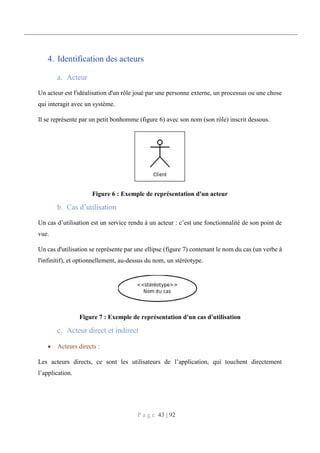 P a g e 43 | 92
4. Identification des acteurs
Acteur
Un acteur est l'idéalisation d'un rôle joué par une personne externe, un processus ou une chose
qui interagit avec un système.
Il se représente par un petit bonhomme (figure 6) avec son nom (son rôle) inscrit dessous.
Figure 6 : Exemple de représentation d'un acteur
Cas d’utilisation
Un cas d’utilisation est un service rendu à un acteur : c’est une fonctionnalité de son point de
vue.
Un cas d'utilisation se représente par une ellipse (figure 7) contenant le nom du cas (un verbe à
l'infinitif), et optionnellement, au-dessus du nom, un stéréotype.
Figure 7 : Exemple de représentation d'un cas d'utilisation
Acteur direct et indirect
 Acteurs directs :
Les acteurs directs, ce sont les utilisateurs de l’application, qui touchent directement
l’application.
 