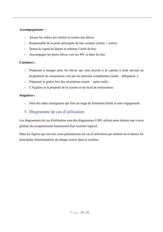 P a g e 45 | 92
Accompagnateur :
- Assure les ordres des entrées et sorties des élèves.
- Responsable de la porte principale du bus scolaire (entrée + sortie).
- Donne le signal de départ et ordonne l’arrêt du bus.
- Accompagne les petits élèves vers les WC et dans les bus.
Cuisiniers :
- Préparent à manger pour les élèves qui sont inscrits à la cantine à midi suivant un
programme de restauration visé par les autorités compétentes (santé – délégation..).
- Préparent le gouter lors des récréations (matin – après midi).
- L’hygiène et la propreté de la cuisine et du local de restauration.
Stagiaires :
- Sont des aides enseignants qui font un stage de formation limité et sans engagement.
5. Diagramme de cas d’utilisation
Les diagrammes de cas d'utilisation sont des diagrammes UML utilisés pour donner une vision
globale du comportement fonctionnel d'un système logiciel.
Dans les figures qui suivent, nous présenterons les cas d’utilisation qui mettent en évidence les
principales fonctionnalités de chaque acteur dans le système.
 