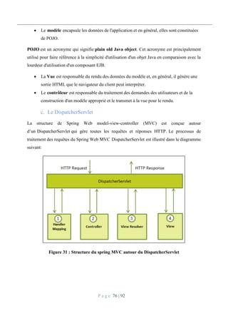 P a g e 76 | 92
 Le modèle encapsule les données de l'application et en général, elles sont constituées
de POJO.
POJO est un acronyme qui signifie plain old Java object. Cet acronyme est principalement
utilisé pour faire référence à la simplicité d'utilisation d'un objet Java en comparaison avec la
lourdeur d'utilisation d'un composant EJB.
 La Vue est responsable du rendu des données du modèle et, en général, il génère une
sortie HTML que le navigateur du client peut interpréter.
 Le contrôleur est responsable du traitement des demandes des utilisateurs et de la
construction d'un modèle approprié et le transmet à la vue pour le rendu.
Le DispatcherServlet
La structure de Spring Web model-view-controller (MVC) est conçue autour
d’un DispatcherServlet qui gère toutes les requêtes et réponses HTTP. Le processus de
traitement des requêtes du Spring Web MVC DispatcherServlet est illustré dans le diagramme
suivant:
Figure 31 : Structure du spring MVC autour du DispatcherServlet
 
