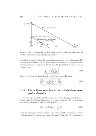 110 CHAPITRE 3. LA CONCEPTION A LA FATIGUE
Figure 3.46 – Diagramme de Soderberg pour le calcul du coefficient de
sécurité pour un état de sollicitation σ0
a et σ̄0
On utilise souvent la même loi lorsque la compression est prédominante. En
réalité, en compression, σ̄ n’a pas ou peu d’influence du fait que la com-
pression entrave la progression des fissures. On pourrait donc dans ce cas se
contenter de :
1
Kσ
=
kσ σ0
a
b1 b2 R±
(3.28)
Dans le cas d’une torsion pulsatoire, on écrirait semblablement :
1
Kτ
=
kτ τ0
a
b1 b2 R
00
±
+
τ̄0
m
ψ R00
e
(3.29)
3.2.6 Pièces lisses soumises à des sollicitations com-
posées alternées
Sur base de résultats expérimentaux on a constaté que pour l’acier et
l’acier coulé, les limites d’endurance en torsion alternée R
00
± et en flexion
alternée R± vérifient la relation (voir Figure 3.47) :
R
00
± = 0, 58 R± '
1
√
3
R± (3.30)
Pour des pièces en acier au carbone et en acier au Ni-Cr, soumises à torsion
et flexion alternées agissant en phase, Goush et Pollard [9, 10] proposent un
 